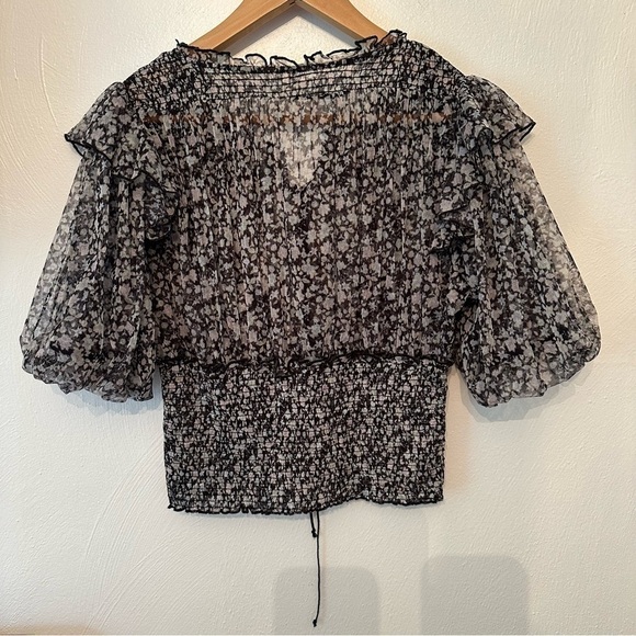 Free People Beatrice Mesh Blouse Top Floral Printed Ruffle Smocked Size M ( e5 - Picture 3 of 9